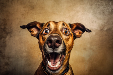 Close up of a dog on a solid background with a shocked expression. Mouth and eyes wide open. Ideal image for a campaign.の素材