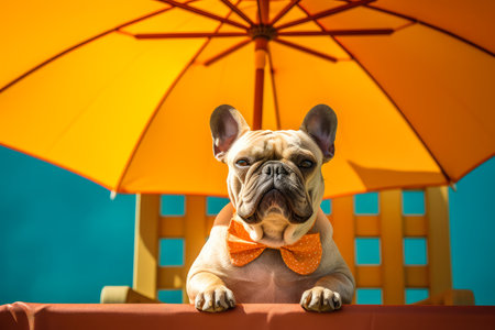 Close up of a french bulldog in shade of a sun umbrella. Summertime composition. Generative AI.の素材