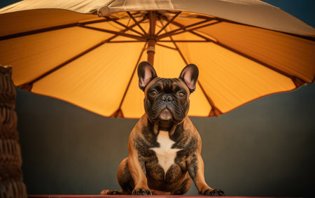 Close up of a french bulldog in shade of a sun umbrella. Summertime composition. Generative AI.の素材