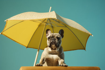 Close up of a french bulldog in shade of a sun umbrella. Summertime composition. Generative AI.の素材