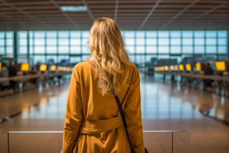 Close up of a young woman, alone, at the airport before a trip. Travel concept. Generative AI.の素材