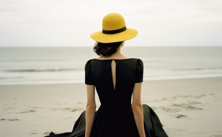 Woman with a yellow hat and long black dress sitting on the beach and contemplating the sea. Portraying travel concept. Generative AIの素材