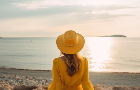 Woman with a hat and long yellow dress sitting on the beach and contemplating the sea. Portraying travel concept. Generative AIの素材
