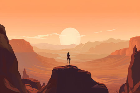Isolated woman alone standing at the top of a mountain contemplating the valley. Lone travel - holiday concept. Generative AIの素材