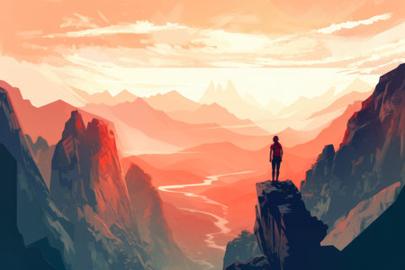 Isolated woman alone standing at the top of a mountain contemplating the valley. Lone travel - holiday concept. Generative AIの素材