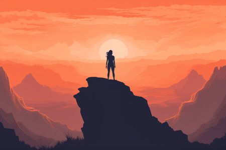 Isolated woman alone standing at the top of a mountain contemplating the valley. Lone travel - holiday concept. Generative AIの素材