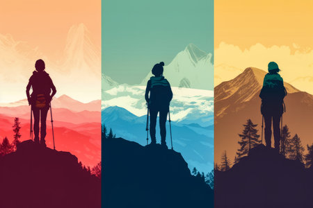 Isolated woman alone standing at the top of a mountain contemplating the valley. Lone travel - holiday concept. Generative AIの素材