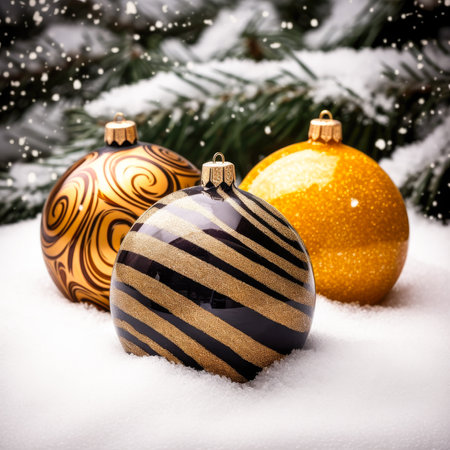 Brown Christmas balls on snow with copyspace background. Generative AI.の素材