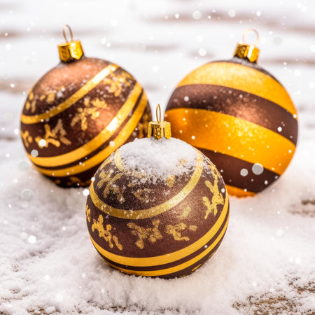 Brown Christmas balls on snow with copyspace background. Generative AI.の素材