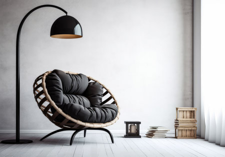 Black Boho style floor lamp on a clear background. Interior design and decoration concept. Generative AI.の素材
