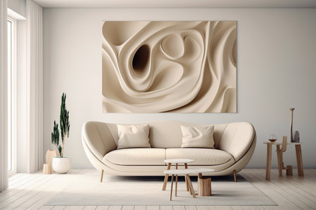 White couch on white wall with abstract art. Minimalist design and interior decoration concept. Generative AI.の素材