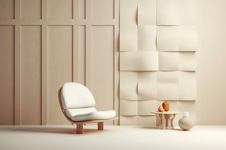 White couch in a room with a conceptual art wall behind. Minimalist design and interior decoration composition. Generative AI.の素材