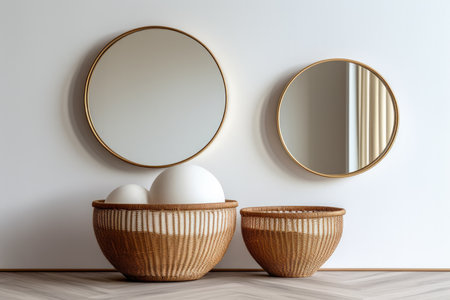 Baskets as decoration in a minimalist living room with soft beige colors. Minimalist interior decoration concept. Generative AI.の素材