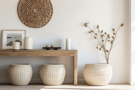 Baskets as decoration in a minimalist living room with soft beige colors. Minimalist interior decoration concept. Generative AI.の素材