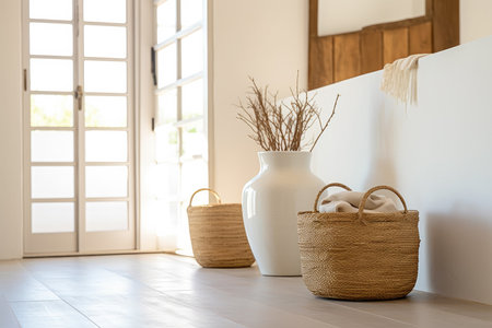 Baskets as decoration in a minimalist living room with soft beige colors. Minimalist interior decoration concept. Generative AI.の素材