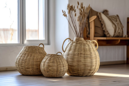 Baskets as decoration in a minimalist living room with soft beige colors. Minimalist interior decoration concept. Generative AI.の素材