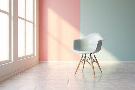 Isolated chair in color with copyspace background. Minimalist interior decoration concept. Generative AI.の素材