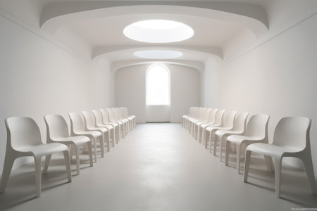 White lined up chairs in an empty white room. Generative AI.の素材
