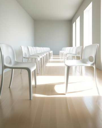 White lined up chairs in an empty white room. Generative AI.の素材