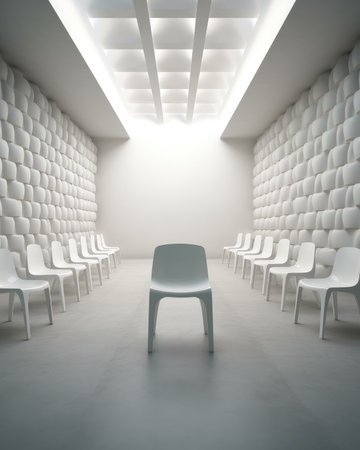 White lined up chairs in an empty white room. Generative AI.の素材