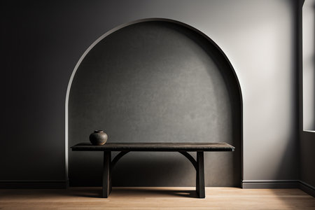 Wooden table isolated in a naturally lit room with arched details. Minimalist interior decoration concept. Generative AI.の素材