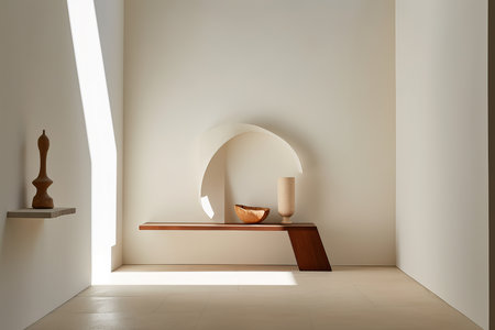 White room with shelves and minimalist decoration. Minimalist interior decoration concept. Generative AI.の素材