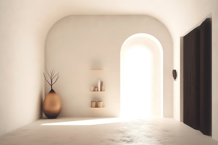 White room with shelves and minimalist decoration. Minimalist interior decoration concept. Generative AI.の素材