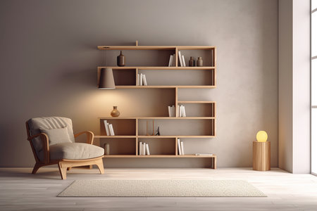 Minimalistic composition of a beige room with shelves minimal decoration. Minimalist interior decoration concept. Generative AI.の素材
