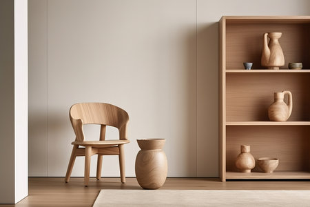 A wooden brown chair and shelves in a minimalistic composition. Minimalist interior decoration concept. Generative AI.の素材