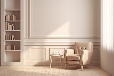 A wooden chair and shelves in a room with beige colors. Minimalist interior decoration concept. Generative AI.の素材