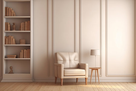 A wooden chair and shelves in a room with beige colors. Minimalist interior decoration concept. Generative AI.の素材