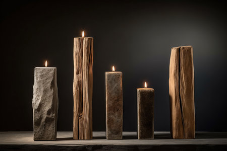 Composition of three wood decoration sticks with copyspace background. Generative AI.の素材