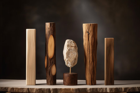 Composition of three wood decoration sticks with copyspace background. Generative AI.の素材