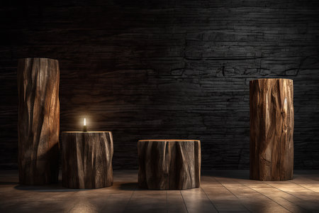 Three wood decoration logs composition, isolated, with copyspace background. Generative AI.の素材