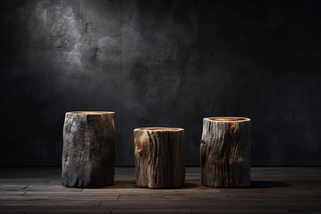 Three wood decoration logs composition, isolated, with copyspace background. Generative AI.の素材