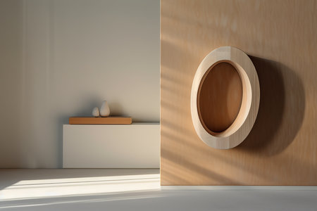 Oval wooden ring hanging on a wall, minimalist composition. Generative AIの素材