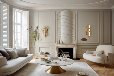 Living room area in beige colors with minimalistic decoration. Generative AI.の素材