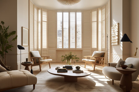 Living room area in beige colors with minimalistic decoration. Generative AI.の素材