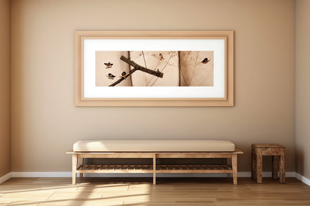 A wooden bench with an art wall behind on a living room area. Home decoration concept. Generative AIの素材