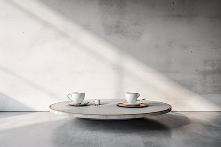 A table in front of a wall in a minimalistic interior design composition. Generative AIの素材