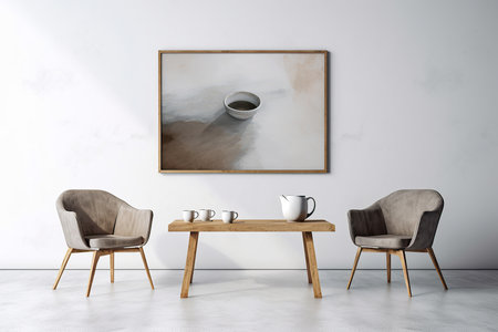 A table in front of a wall with a frame on it. Minimalistic interior design composition. Generative AI.の素材