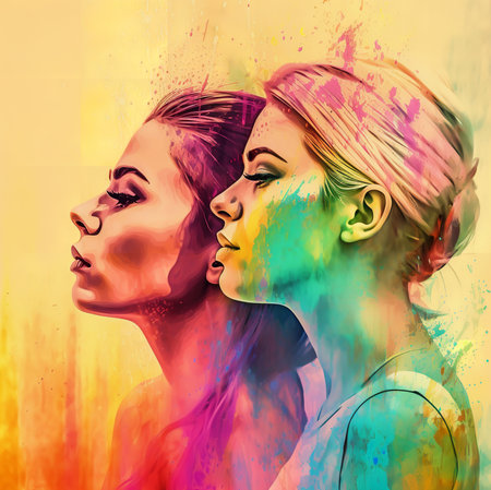 Illustration of two women kissing each other with a colorful background depicting the rainbow flag. Representation of the diversity in the LGBTQ community. Love is love. Generative AI.の素材
