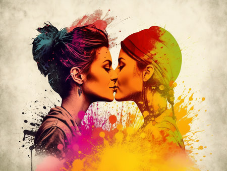 Illustration of two women kissing each other with a colorful background depicting the rainbow flag. Representation of the diversity in the LGBTQ community. Love is love. Generative AI.の素材