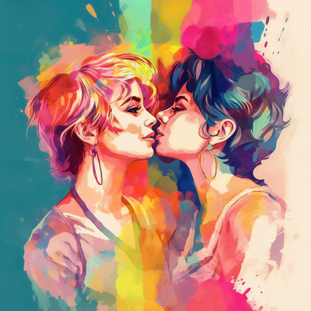 Illustration of two women kissing each other with a colorful background depicting the rainbow flag. Representation of the diversity in the LGBTQ community. Love is love. Generative AI.の素材