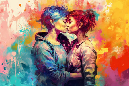 Illustration of two women kissing each other with a colorful background depicting the rainbow flag. Representation of the diversity in the LGBTQ community. Love is love. Generative AI.の素材