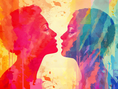 Illustration of two women kissing each other with a colorful background depicting the rainbow flag. Representation of the diversity in the LGBTQ community. Love is love. Generative AI.の素材