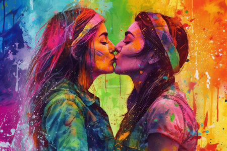 Illustration of two women kissing each other with a colorful background depicting the rainbow flag. Representation of the diversity in the LGBTQ community. Love is love. Generative AI.の素材