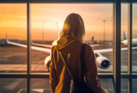 Close up of a young woman, alone, at the airport before a trip. Travel concept. Generative AI.の素材