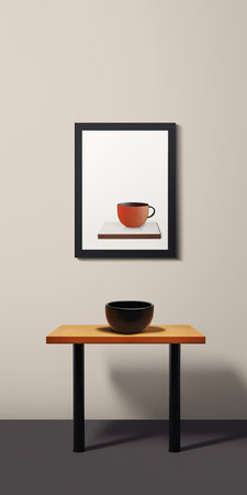 A table in front of a wall with a frame on it. Vertical minimalistic interior design composition. Generative AIの素材