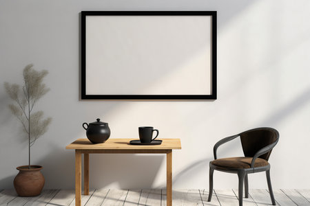 A table in front of a wall with a frame on it. Minimalistic interior design composition. Generative AIの素材